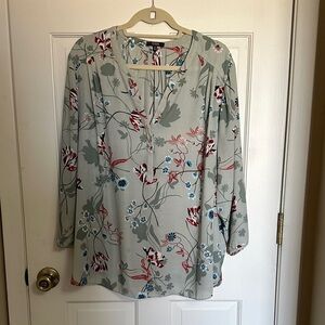 NYDJ Floral Blouse - Light Gray with Red and Blue Accents